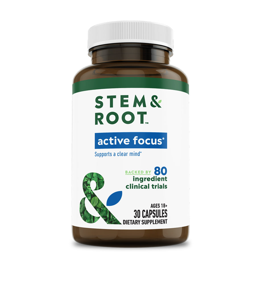 Stem and Root Active Focus, supports a clear mind, backed by 80 ingredient clinical trials, ages 18 and up, 30 capsules, dietary supplement