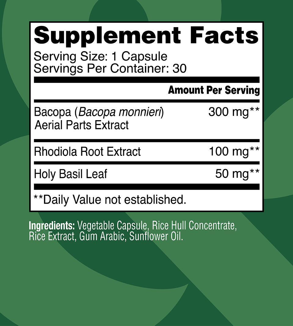 Supplement facts, serving size 1 capsule, servings per container 30. Bacopa extract, 300mg per serving, daily value not established. Rhodiola Root extract, 100mg per serving, daily value not established. Holy Basil leaf, 50mg per serving, daily value not established.