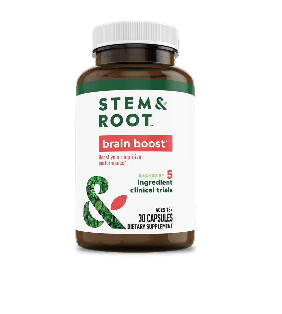 Stem and Root Brain Boost, boost your cognitive performance, backed by 5 ingredient clinical trials, ages 18+, 30 capsules, dietary supplement