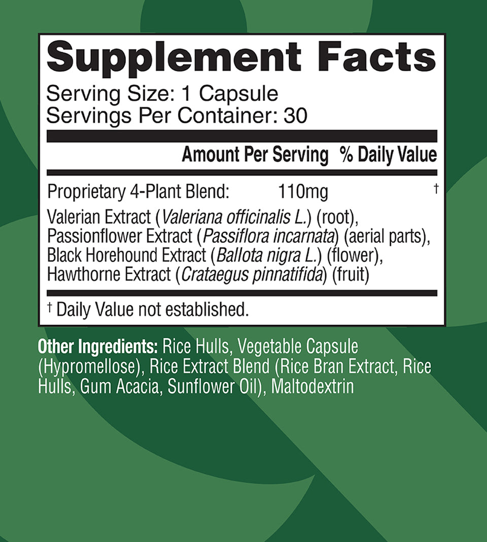 Supplement facts, serving size 1 capsule, servings per container 30. Proprietary blend of valerian extract, passionflower extract, black horehound extract, and hawthorne extract, 110mg per serving, percent daily value not established.