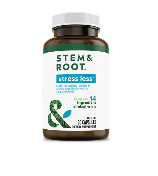 Stem and Root Stress Less, combat the occasional stresses of daily life naturally with valerian and passionflower, backed by 14 ingredient clinical trials, ages 18+, 30 capsules, dietary supplement